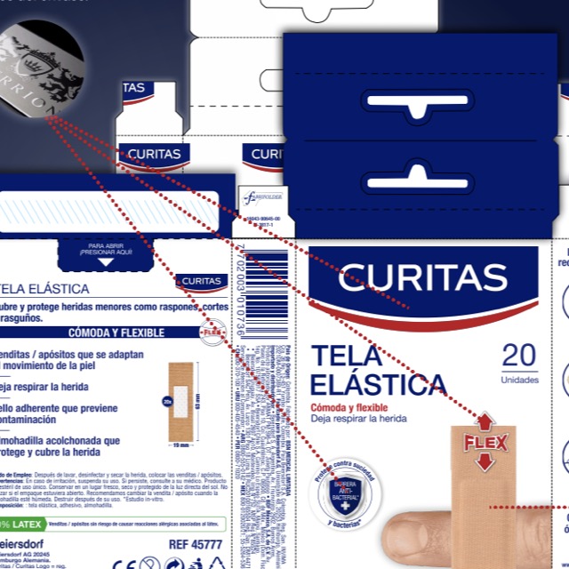 Curitas · troquel y análisis de packaging Tela Elástica